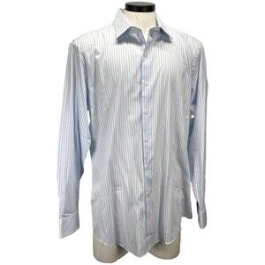 Bugatchi Dress Shirt Men's 18x36-37 Comfort Stretch Long Sleeve Blue Stripe